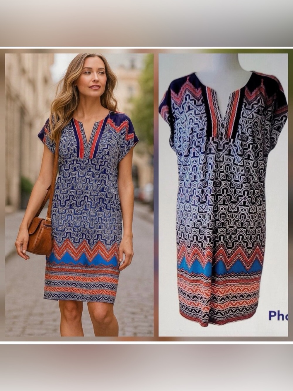 Laundry by Shelli Segal Navy Geometric Split-Neck Dress Red, Orange, Aqua Trim M